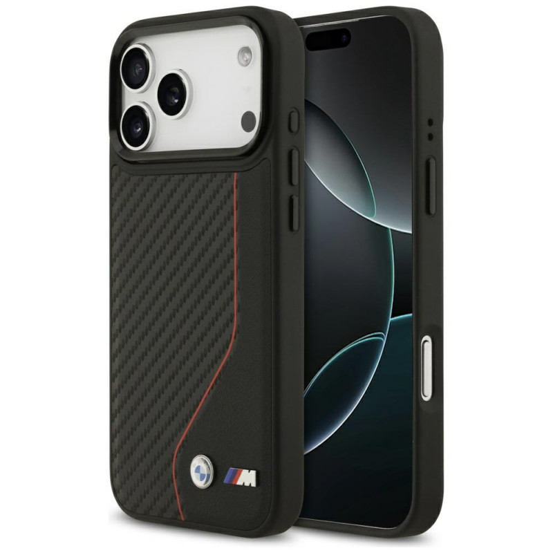 BMW M Carbon Line ir logotipo „MagSafe“ dėklas, skirtas iPhone 17 Pro Max – raudonas