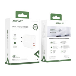 Acefast sieninis įkroviklis 2x USB Type C 40W, PPS, PD, QC 3.0, AFC, FCP balta (A9 balta)