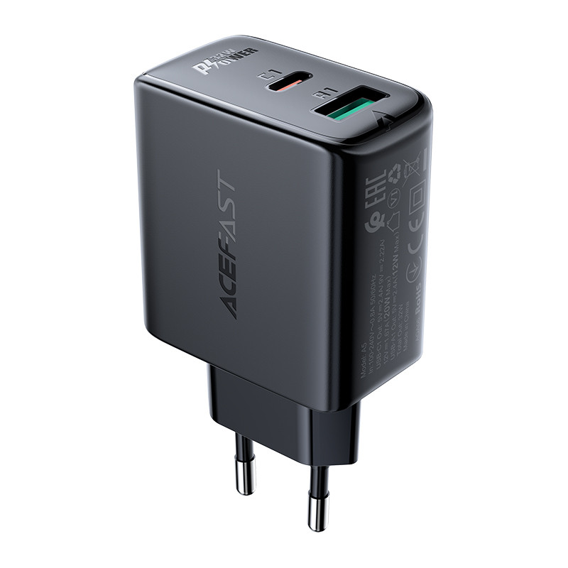 Acefast sieninis įkroviklis C tipo USB / USB 32W, PPS, PD, QC 3.0, AFC, FCP juodas (A5 juodas)