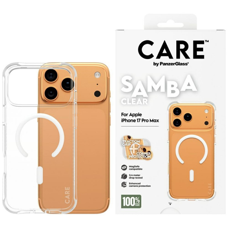 „CARE by PanzerGlass“ madingas „Samba“ dėklas su baltu „MagSafe“, skirtas „iPhone 17 Pro Max“ – permatomas