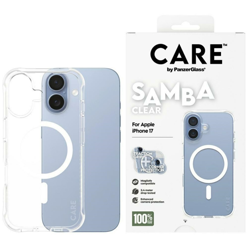 „CARE by PanzerGlass“ madingas „Samba“ dėklas su baltu „MagSafe“, skirtas „iPhone 17“ – permatomas