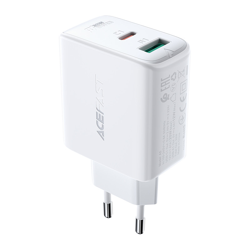 Acefast sieninis įkroviklis C tipo USB / USB 32W, PPS, PD, QC 3.0, AFC, FCP baltas (A5 baltas)