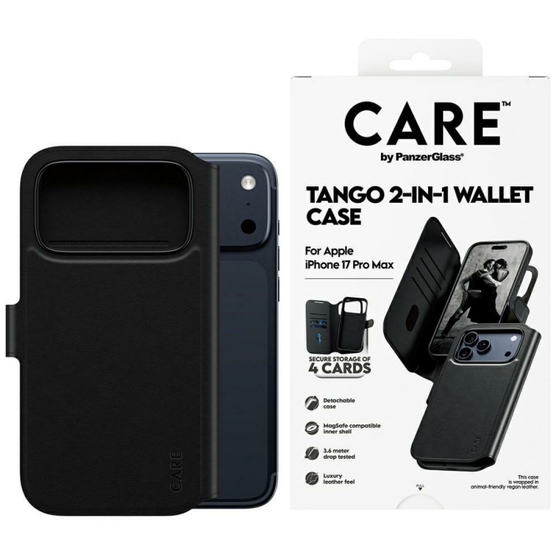 „CARE by PanzerGlass Feature Tango 2in1“ piniginės dėklas su „MagSafe“ jungtimi, skirtas „iPhone 17 Pro Max“ – juodas