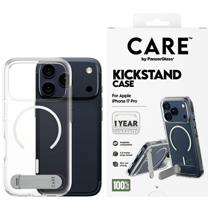 „CARE by PanzerGlass“ apsauginis dėklas su atramėle „MagSafe“, skirtas „iPhone 17 Pro“ – skaidrus