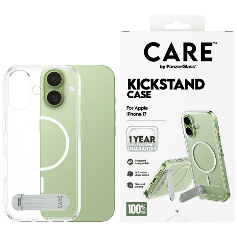 „CARE by PanzerGlass“ apsauginis dėklas su atramėle „MagSafe“, skirtas „iPhone 17“ – permatomas