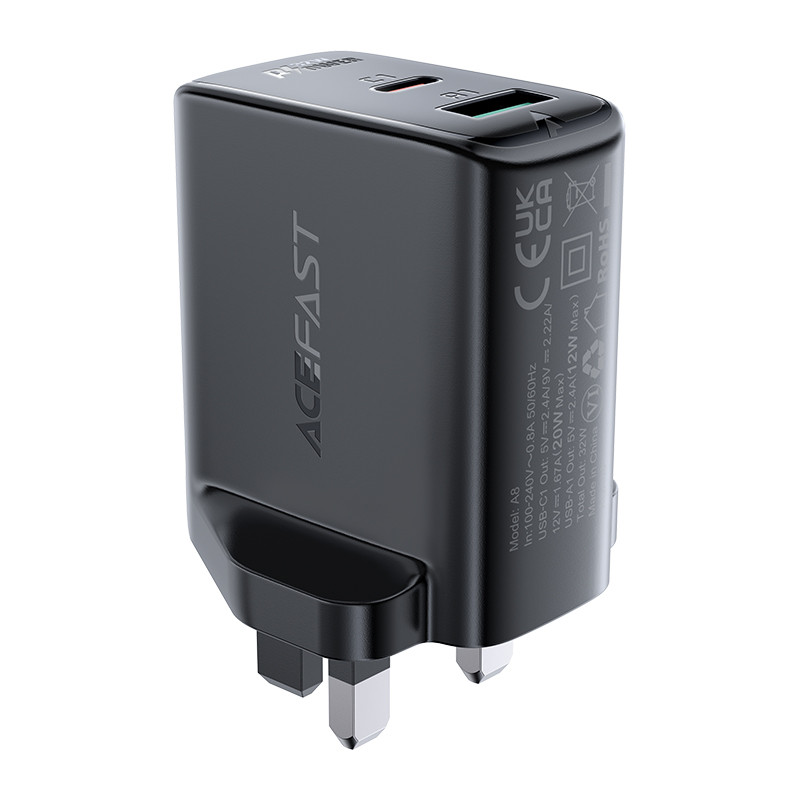 Acefast sieninis įkroviklis (JK kištukas) USB Type C / USB 32W, PPS, PD, QC 3.0, AFC, FCP black (A8 black)