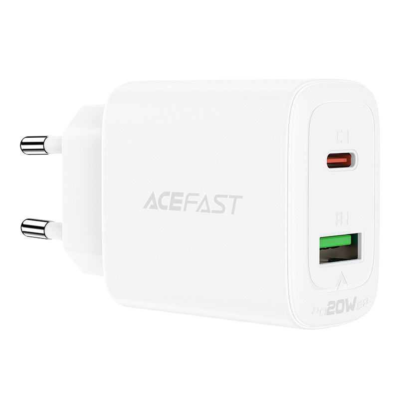 Acefast sieninis įkroviklis C tipo USB / USB 20W, PPS, PD, QC 3.0, AFC, FCP baltas (A25 baltas)