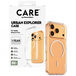 „CARE by PanzerGlass“ flagmaninis „Urban Explorer“ dėklas su baltu „MagSafe“, skirtas „iPhone 17 Pro“ – permatomas