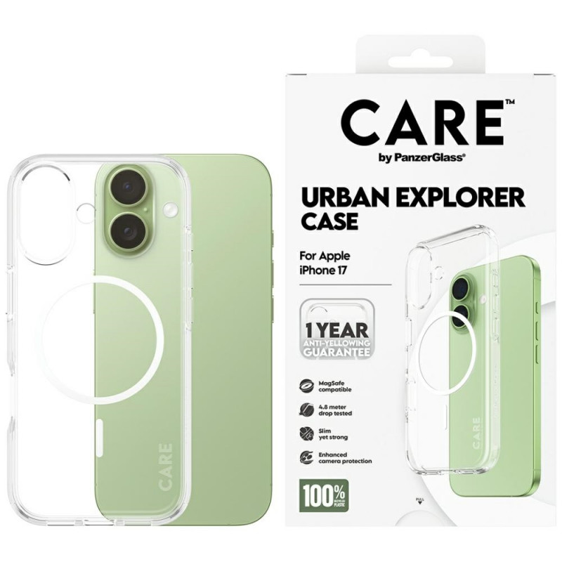 „CARE by PanzerGlass“ „Flagship Urban Explorer“ dėklas su baltu „MagSafe“, skirtas „iPhone 17“ – permatomas