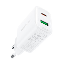Acefast sieninis įkroviklis C tipo USB / USB 20W, PPS, PD, QC 3.0, AFC, FCP baltas (A25 baltas)
