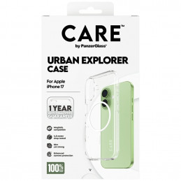 „CARE by PanzerGlass“ „Flagship Urban Explorer“ dėklas su baltu „MagSafe“, skirtas „iPhone 17“ – permatomas