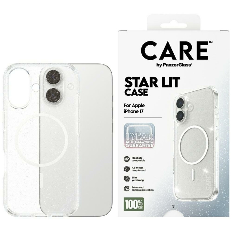 „CARE by PanzerGlass“ flagmaninis „Urban Explorer“ dėklas su baltu „MagSafe“, skirtas „iPhone 17“ – skaidrūs blizgučiai