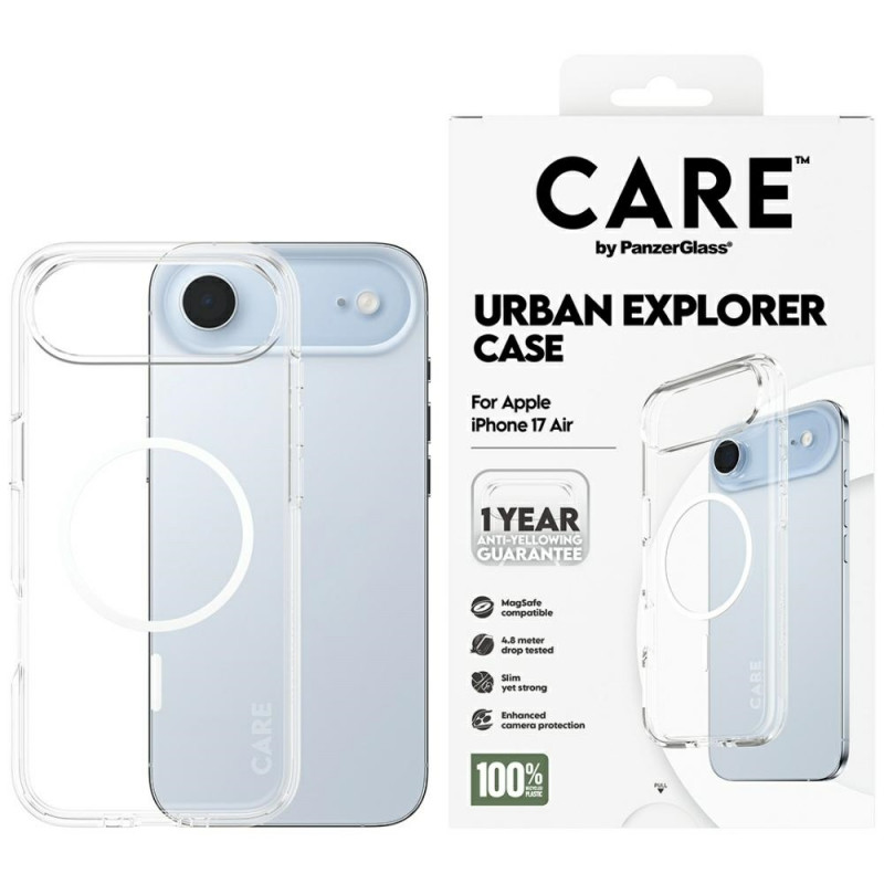 „CARE by PanzerGlass“ flagmano „Urban Explorer“ dėklas su baltu „MagSafe“, skirtas „iPhone Air“ – permatomas