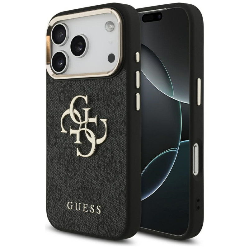 „Guess 4G Big 4G Classic“ logotipo dėklas, skirtas „iPhone 17 Pro“ – juodas ir auksinis