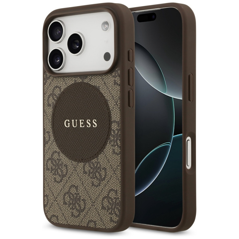 „Guess 4G Circle Classic Logo MagSafe“ dėklas, skirtas „iPhone 17 Pro“ – rudas