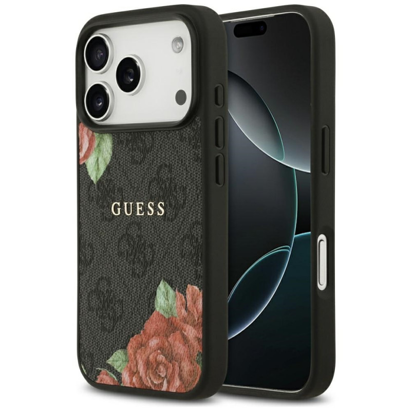 „Guess 4G“ „MagSafe“ dėklas su gėlių raštu, skirtas „iPhone 17 Pro Max“ – juodas