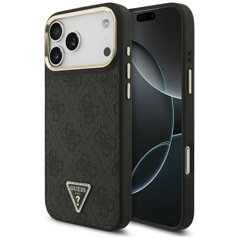 „Guess 4G“ trikampio logotipo „MagSafe“ dėklas, skirtas „iPhone 17 Pro Max“ – juodas ir auksinis