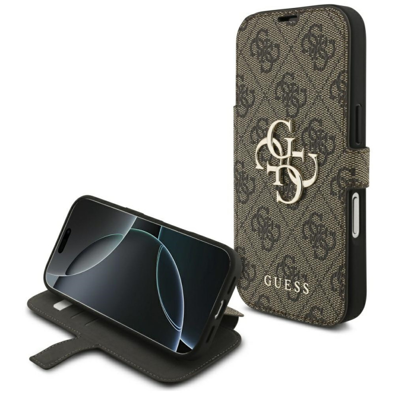 „Guess Book 4G“ metalinis logotipo dėklas, skirtas „iPhone 17 Pro“ – rudas
