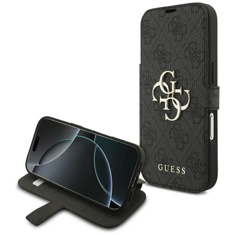 „Guess Book 4G“ metalinis logotipo dėklas, skirtas „iPhone 17 Pro“ – juodas