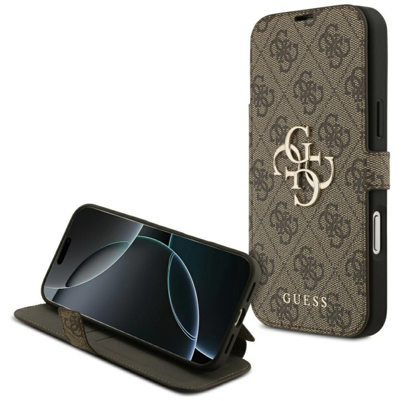 „Guess Book 4G“ metalinis logotipo dėklas, skirtas „iPhone 17 Pro Max“ – rudas