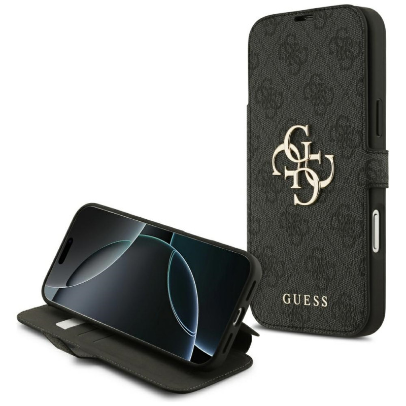 „Guess Book 4G“ metalinis logotipo dėklas, skirtas „iPhone 17 Pro Max“ – juodas