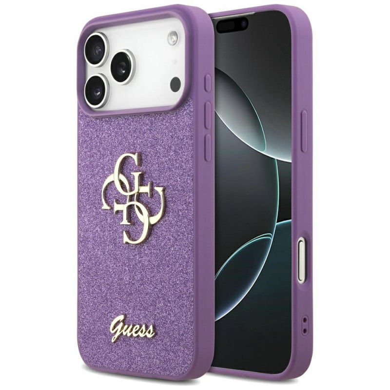 „Guess Fixed Glitter Big 4G“ dėklas, skirtas „iPhone 17 Pro Max“ – violetinis