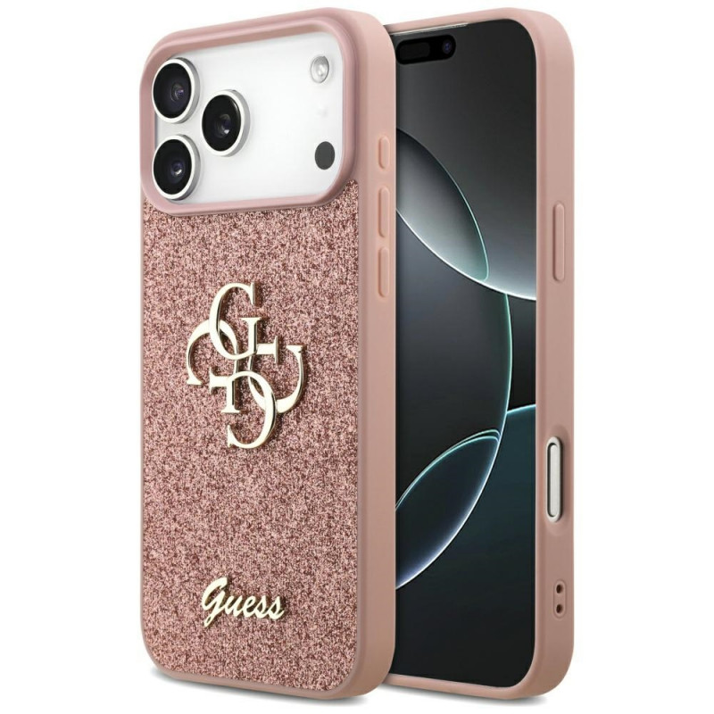 „Guess“ fiksuoto blizgučių dizaino „iPhone 17 Pro Max“ dėklas – rožinis