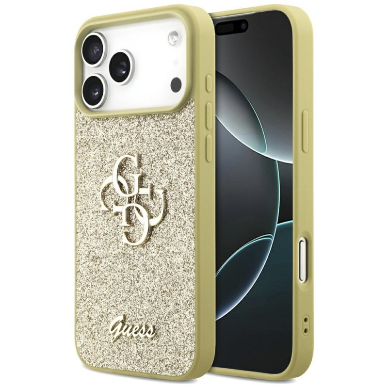„Guess“ fiksuoto blizgučių dizaino „iPhone 17 Pro Max“ dėklas – auksinis