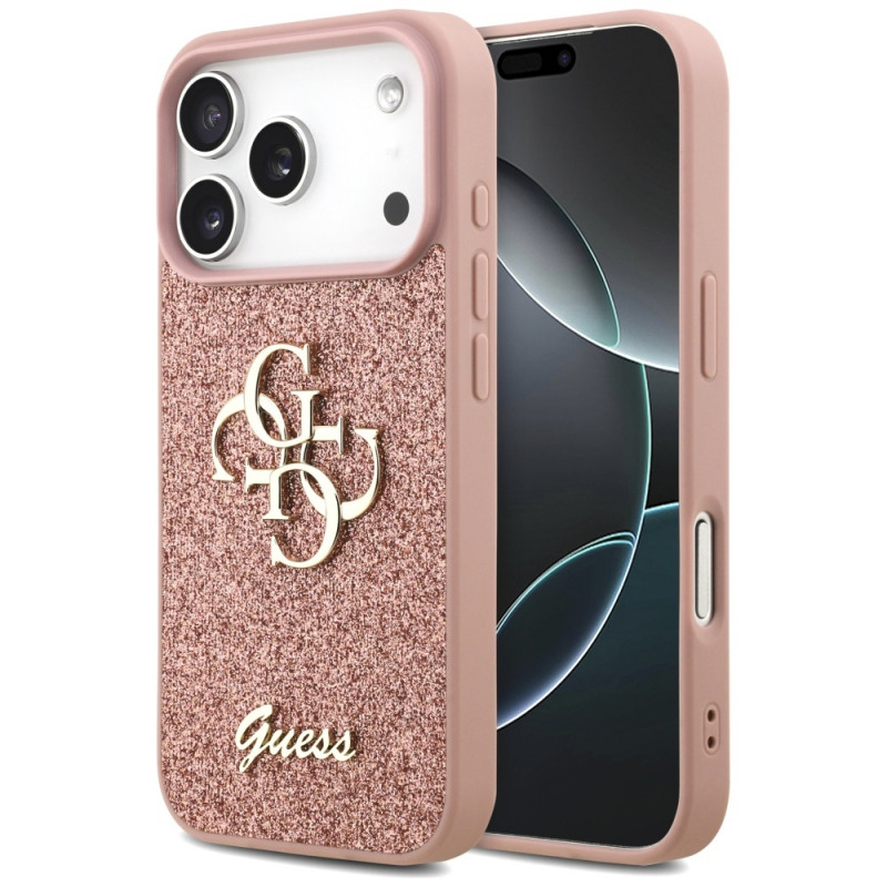 „Guess“ fiksuoto blizgučių dizaino „iPhone 17 Pro“ dėklas – rožinis
