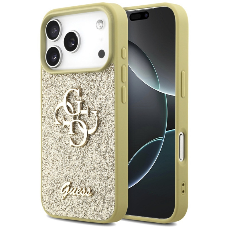 „Guess“ fiksuoto blizgučių dizaino „iPhone 17 Pro“ dėklas – auksinis