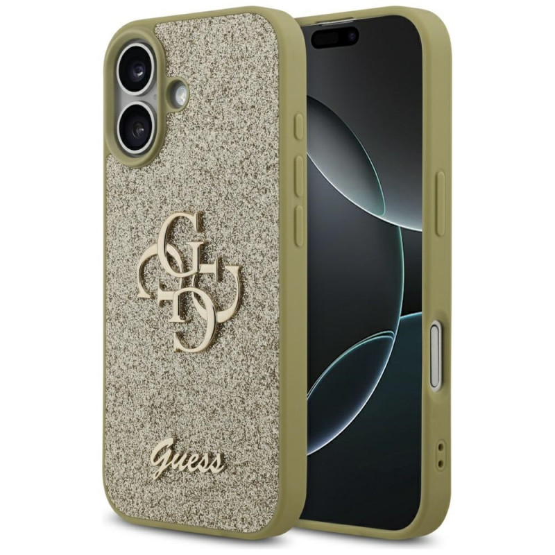 „Guess“ fiksuoto blizgučių dizaino „iPhone 17“ dėklas – auksinis