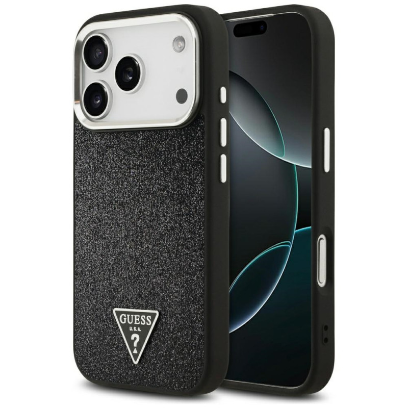 „Guess“ blizgantis trikampio formos logotipas su „MagSafe“ dėklu, skirtu „iPhone 17 Pro“ – juodas