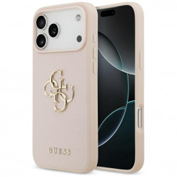 „Guess“ grūdėtas didelis 4G ir klasikinis logotipo dėklas, skirtas „iPhone 17 Pro Max“ – rožinis