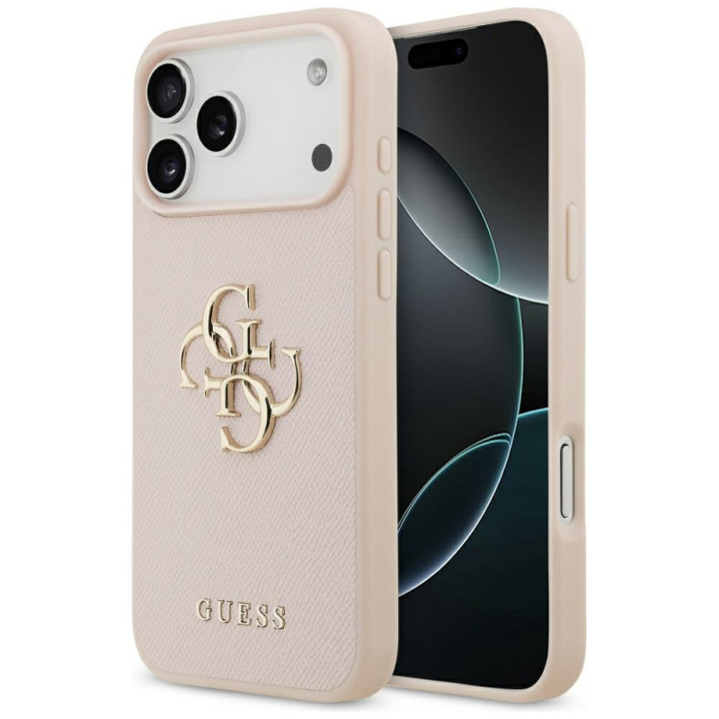 „Guess“ grūdėtas didelis 4G ir klasikinis logotipo dėklas, skirtas „iPhone 17 Pro Max“ – rožinis