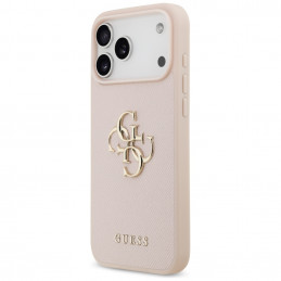 „Guess“ grūdėtas didelis 4G ir klasikinis logotipo dėklas, skirtas „iPhone 17 Pro Max“ – rožinis