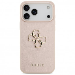 „Guess“ grūdėtas didelis 4G ir klasikinis logotipo dėklas, skirtas „iPhone 17 Pro Max“ – rožinis
