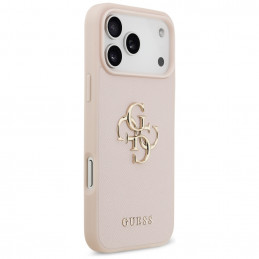 „Guess“ grūdėtas didelis 4G ir klasikinis logotipo dėklas, skirtas „iPhone 17 Pro Max“ – rožinis