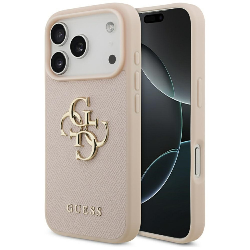 „Guess“ grūdėtas didelis 4G ir klasikinis logotipas iPhone 17 Pro dėklas – rožinis