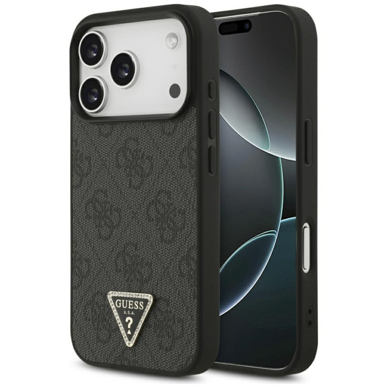 „Guess“ odinis 4G trikampio formos Strass MagSafe dėklas, skirtas iPhone 17 Pro – juodas