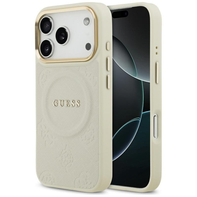 „Guess Peony Hot Stamp MagSafe“ dėklas, skirtas „iPhone 17 Pro“ – smėlio spalvos