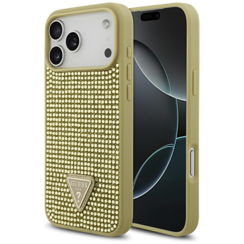 „Guess“ „Rhinestone Triangle“ logotipo dėklas, skirtas iPhone 17 Pro Max – auksinis