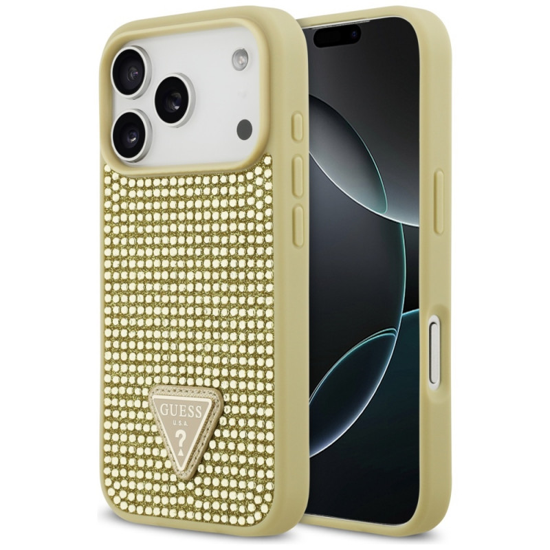 „Guess“ „Rhinestone Triangle Logo iPhone 17 Pro“ dėklas – auksinis