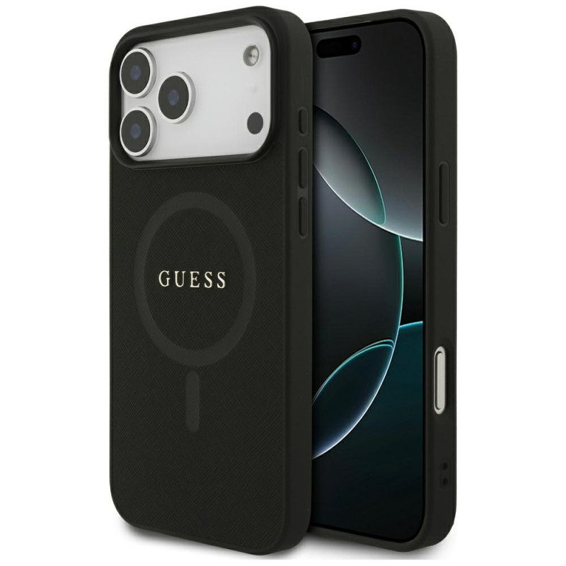 „Guess Saffiano Classic Logo MagSafe“ dėklas, skirtas „iPhone 17 Pro Max“ – juodas