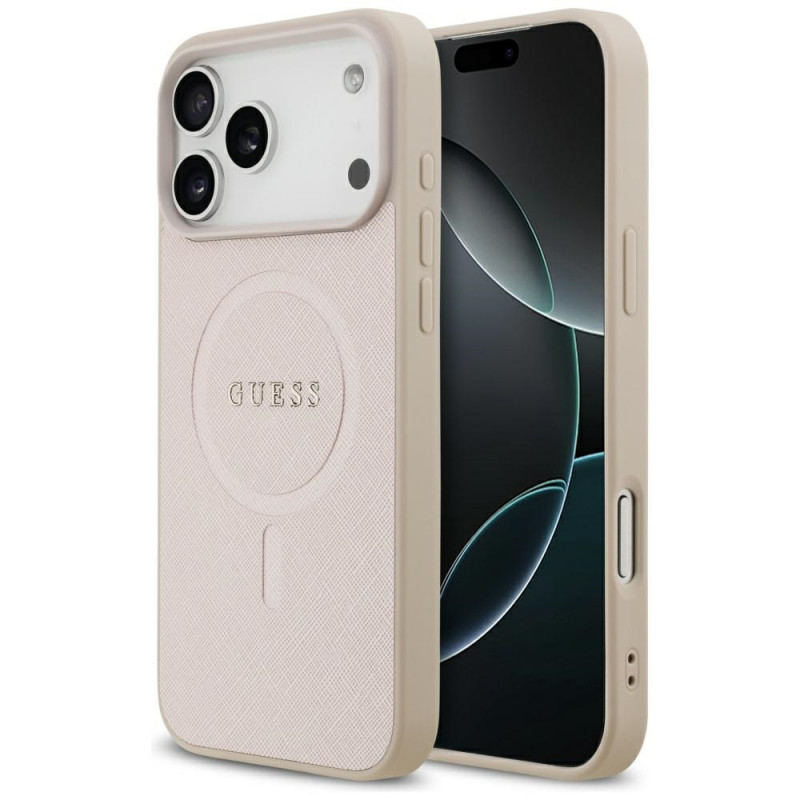 „Guess Saffiano Classic Logo MagSafe“ dėklas, skirtas „iPhone 17 Pro Max“ – rožinis