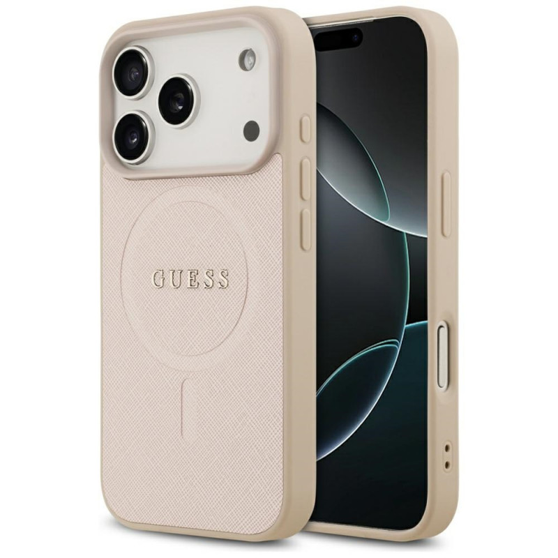 „Guess Saffiano Classic Logo MagSafe“ dėklas, skirtas „iPhone 17 Pro“ – rožinis