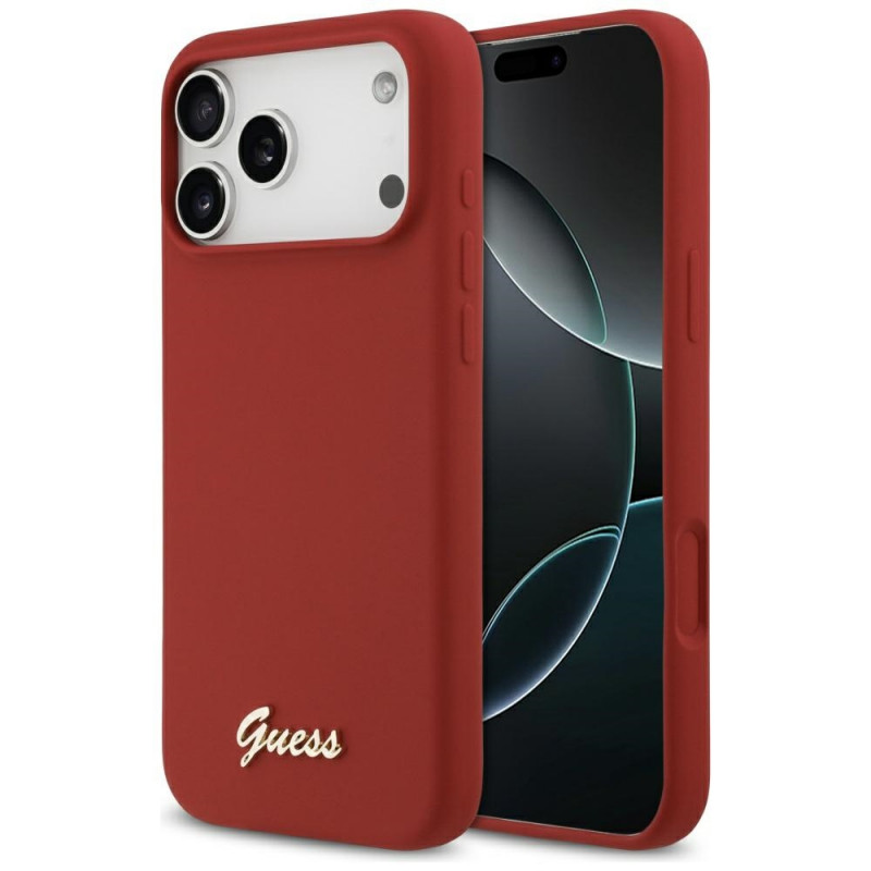„Guess“ silikoninis metalinis „MagSafe“ dėklas su užrašu ir logotipu, skirtas „iPhone 17 Pro Max“ – raudonas