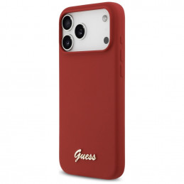 „Guess“ silikoninis metalinis „MagSafe“ dėklas su užrašu ir logotipu, skirtas „iPhone 17 Pro Max“ – raudonas