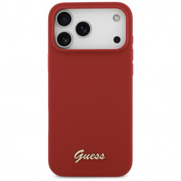 „Guess“ silikoninis metalinis „MagSafe“ dėklas su užrašu ir logotipu, skirtas „iPhone 17 Pro Max“ – raudonas