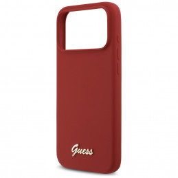 „Guess“ silikoninis metalinis „MagSafe“ dėklas su užrašu ir logotipu, skirtas „iPhone 17 Pro Max“ – raudonas