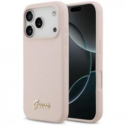„Guess“ silikoninis metalinis „MagSafe“ dėklas su užrašu ir logotipu, skirtas „iPhone 17 Pro“ – rožinis